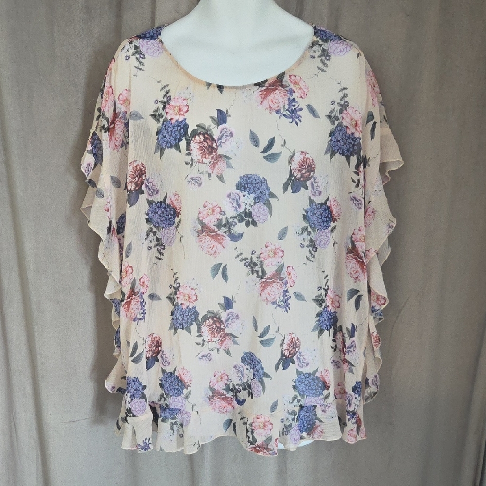 Floral Ruffle Sleeve Blouse - Cream with Pink & Purple Flowers